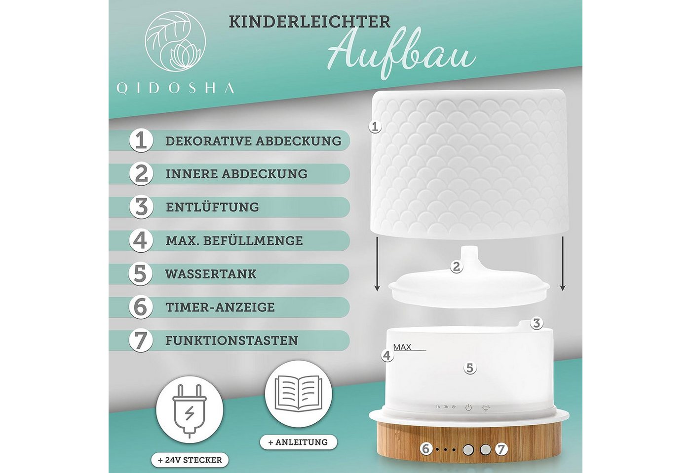 QIDOSHA Diffuser Tadasana Aroma Diffusor, 0,28 l Wassertank, Echtholz & Keramik-Haube Bild 4