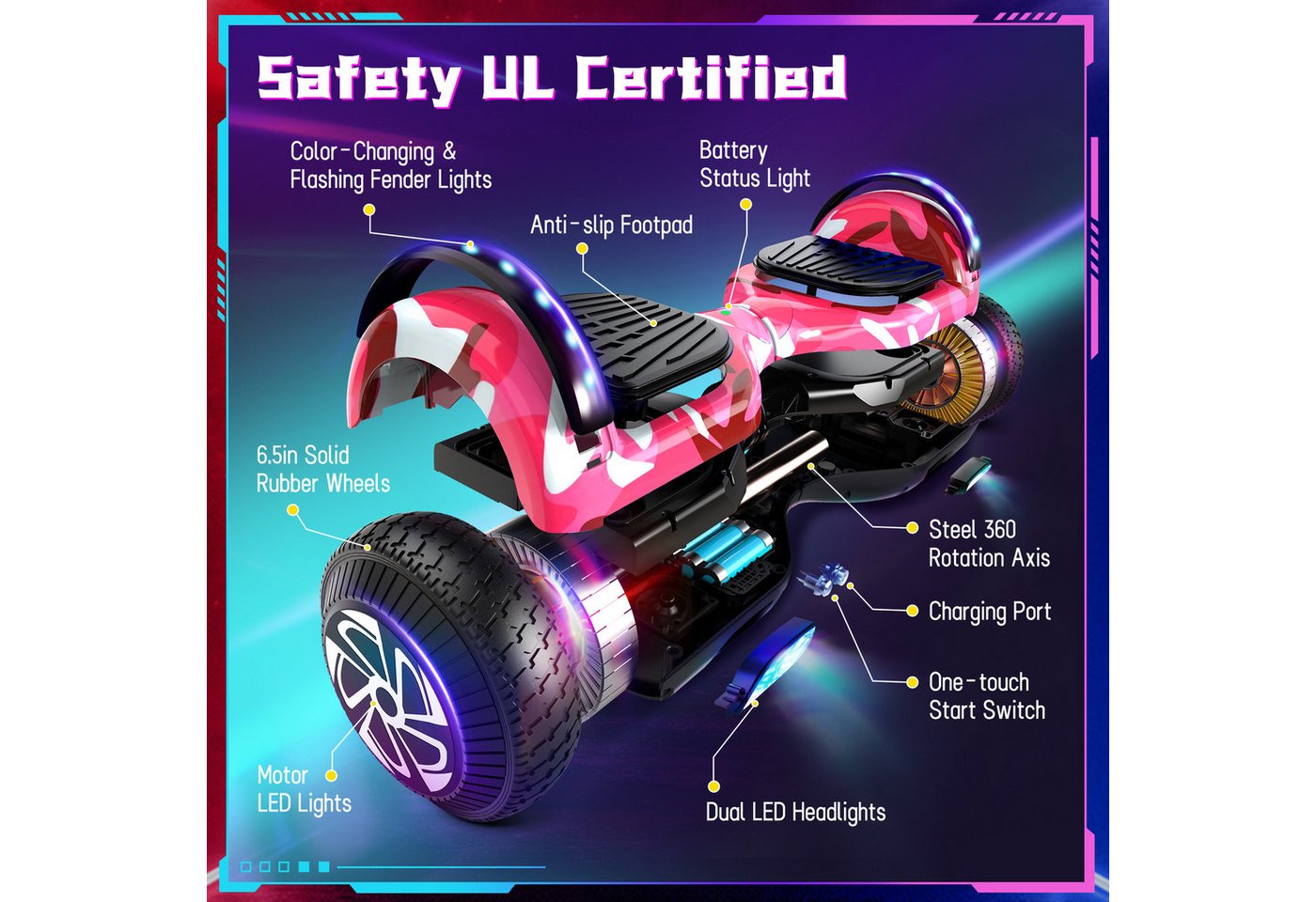 SISIGAD Balance Scooter 6,5 Zoll Dualmotorräder, Hoverboard mit LED-Licht, Smart Bluetooth, Hoverboard mit LED Lichter Bluetooth,Geschenk für Kinder Bild 5