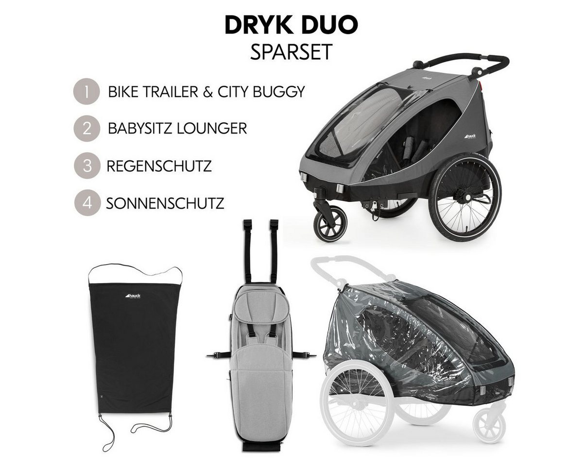 Hauck Fahrradkinderanhänger Dryk Duo - Grey, 2in1 Fahrradanhänger Buggy für 2 Kinder mit Baby Lounger & Schutzpaket