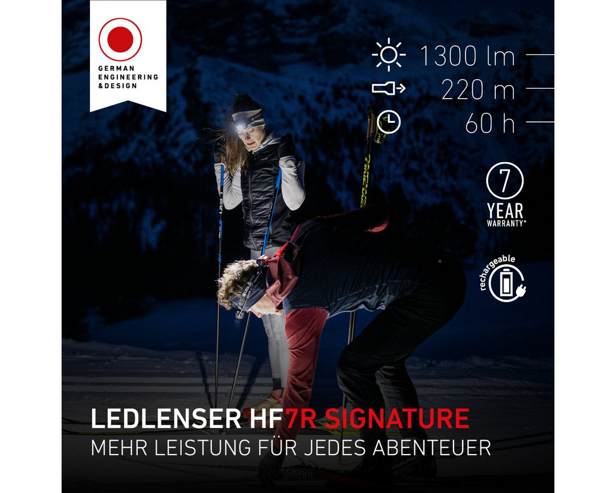 Ledlenser LED Stirnlampe HF7R Signature, bis zu 1300lm, 220m Leuchtweite, 60h Laufzeit, IP67, USB-C, Akku