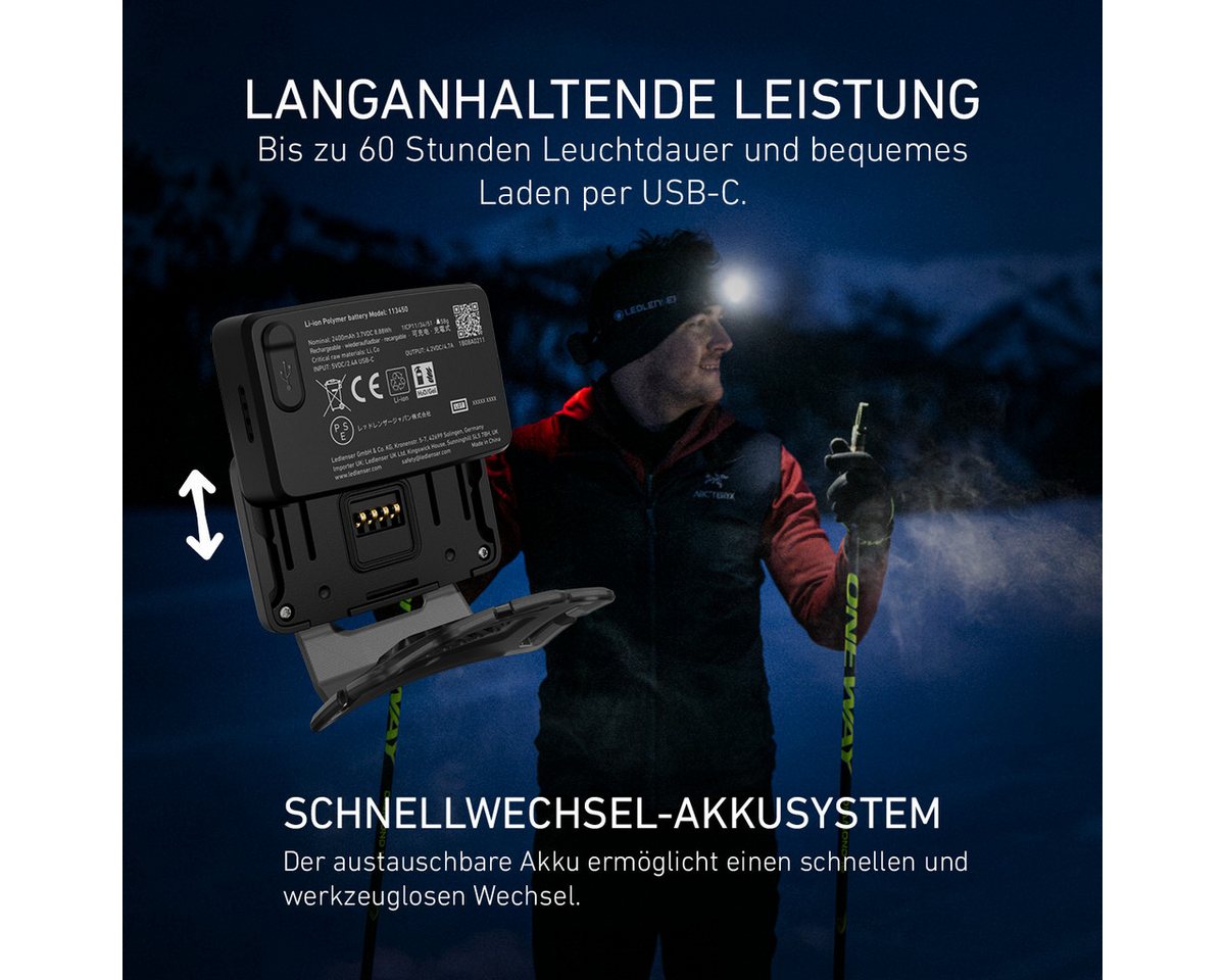 Ledlenser LED Stirnlampe HF7R Signature, bis zu 1300lm, 220m Leuchtweite, 60h Laufzeit, IP67, USB-C, Akku Bild 2