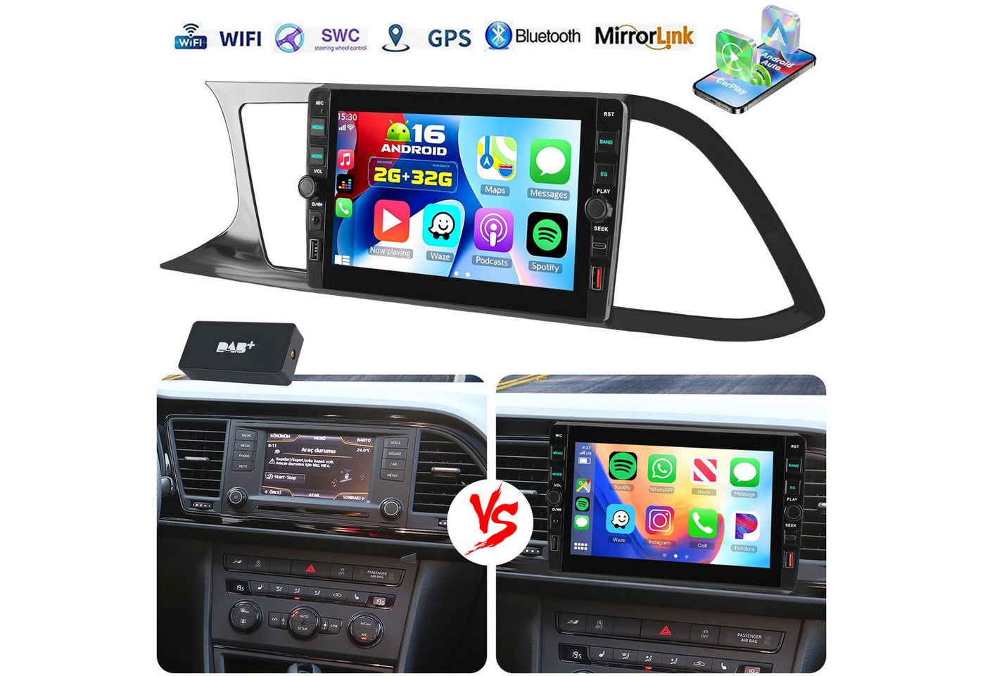 ESSGOO DAB+ Für Seat LEON 5F1 12-20 Android16 Carplay Autoradio GPS Navi WIFI Autoradio (RDS, 4+64GB(optional), Digitalradio (DAB), FM, GPS, WIFI, SWC, Apple Carplay Android Auto GPS Navi WIFI BT EQ mit USB- und Type-C) Bild 2