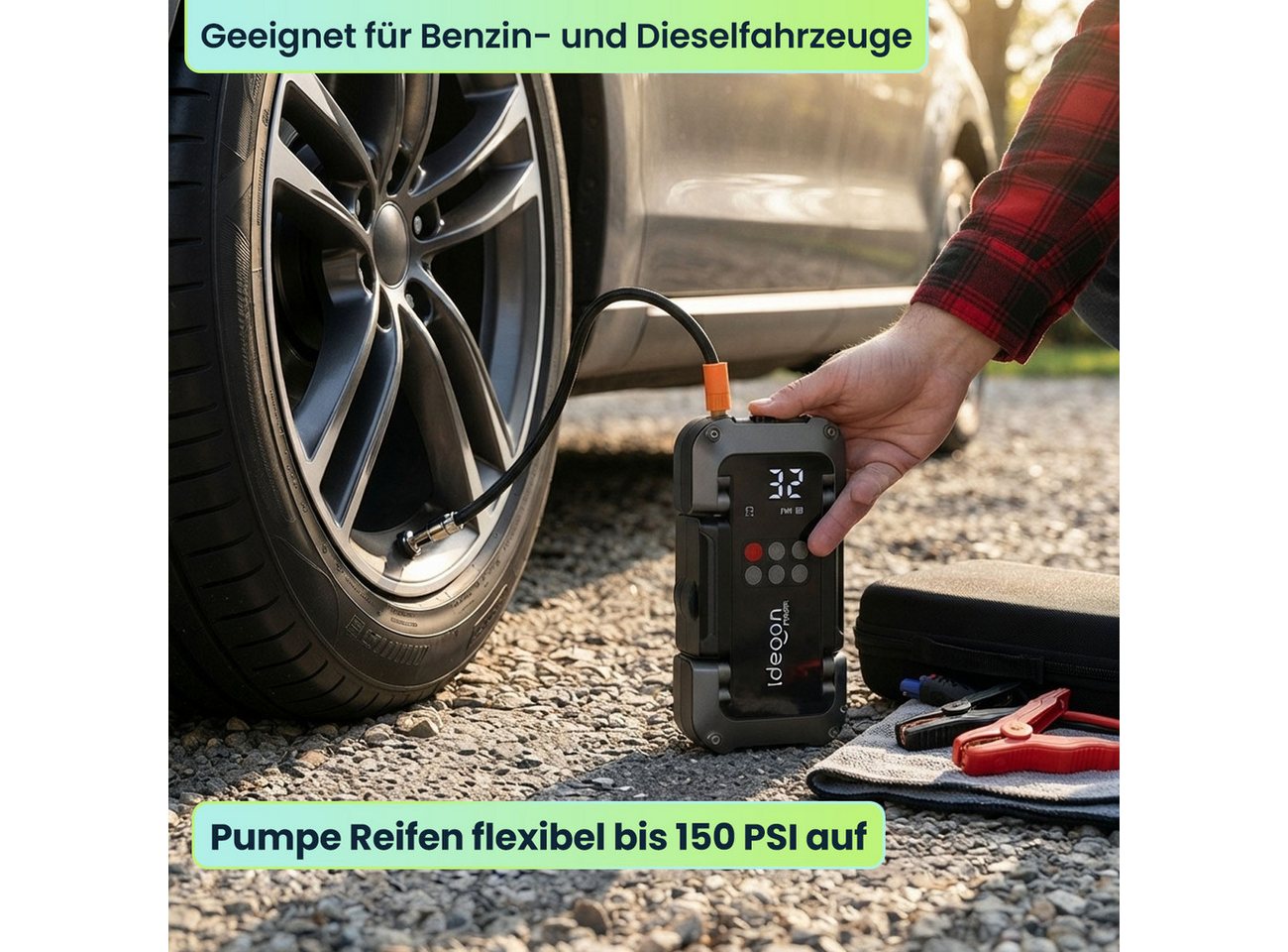 shop'n smile ideoon 2in1 Kfz-Starthilfe mit Kompressor 18.000 mAh, 3750A & 150 PSI LCD Starthilfegerät (Lade-Eingangsspannung (USB-C Input): 5 V DC (bei max. 3 A / 18 W) V), Multifunktions-Jump-Starter Benziner & Diesel 10L, USB-Powerbank, LED