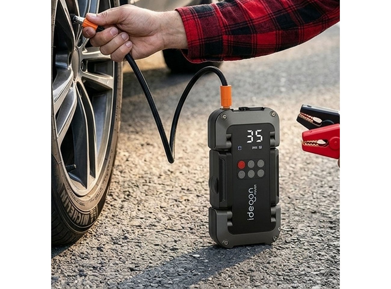 shop'n smile ideoon 2in1 Kfz-Starthilfe mit Kompressor 18.000 mAh, 3750A & 150 PSI LCD Starthilfegerät (Lade-Eingangsspannung (USB-C Input): 5 V DC (bei max. 3 A / 18 W) V), Multifunktions-Jump-Starter Benziner & Diesel 10L, USB-Powerbank, LED Bild 2