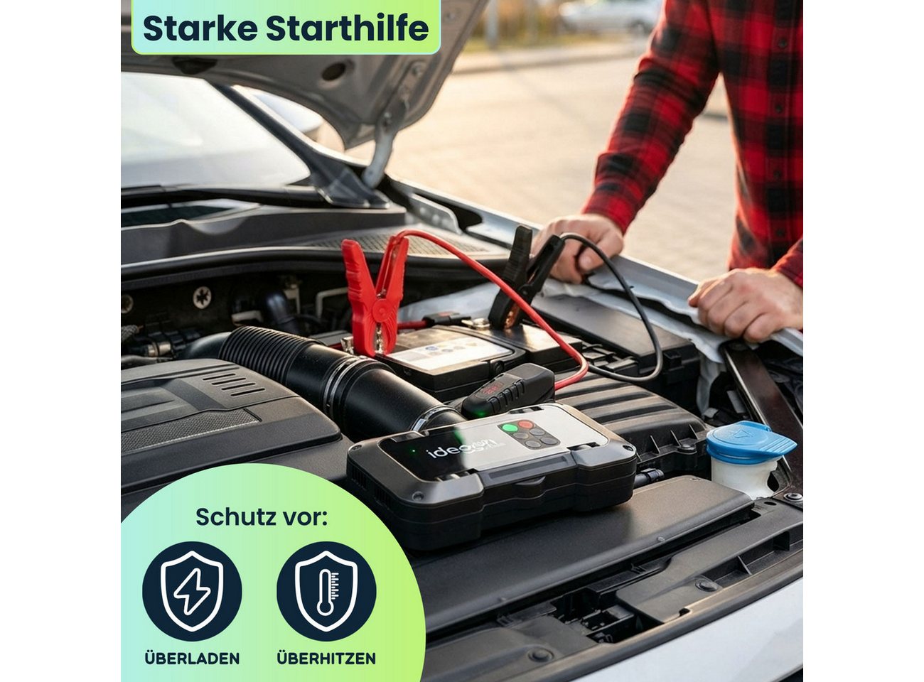 shop'n smile ideoon 2in1 Kfz-Starthilfe mit Kompressor 18.000 mAh, 3750A & 150 PSI LCD Starthilfegerät (Lade-Eingangsspannung (USB-C Input): 5 V DC (bei max. 3 A / 18 W) V), Multifunktions-Jump-Starter Benziner & Diesel 10L, USB-Powerbank, LED Bild 3