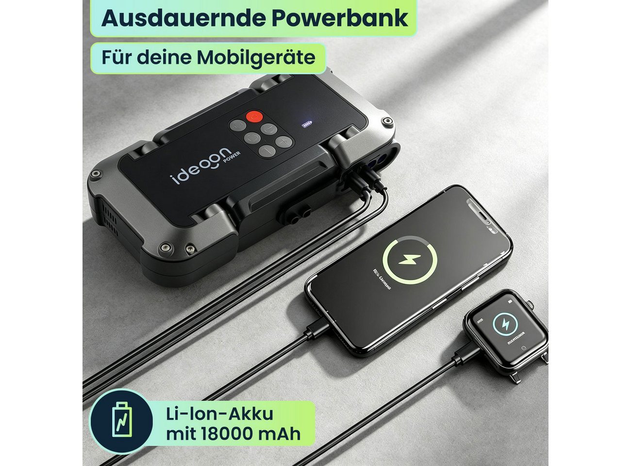 shop'n smile ideoon 2in1 Kfz-Starthilfe mit Kompressor 18.000 mAh, 3750A & 150 PSI LCD Starthilfegerät (Lade-Eingangsspannung (USB-C Input): 5 V DC (bei max. 3 A / 18 W) V), Multifunktions-Jump-Starter Benziner & Diesel 10L, USB-Powerbank, LED Bild 4