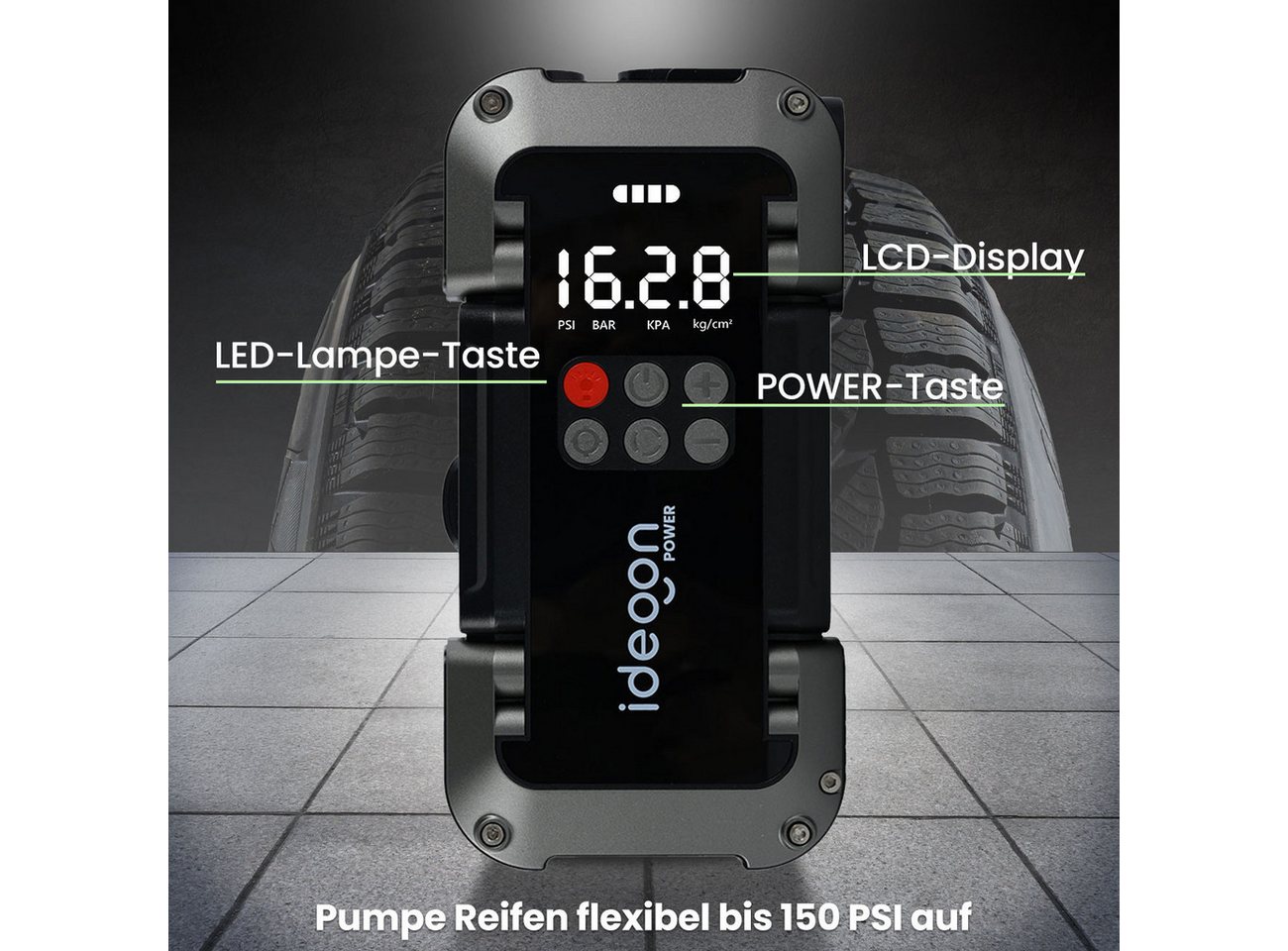 shop'n smile ideoon 2in1 Kfz-Starthilfe mit Kompressor 18.000 mAh, 3750A & 150 PSI LCD Starthilfegerät (Lade-Eingangsspannung (USB-C Input): 5 V DC (bei max. 3 A / 18 W) V), Multifunktions-Jump-Starter Benziner & Diesel 10L, USB-Powerbank, LED Bild 5