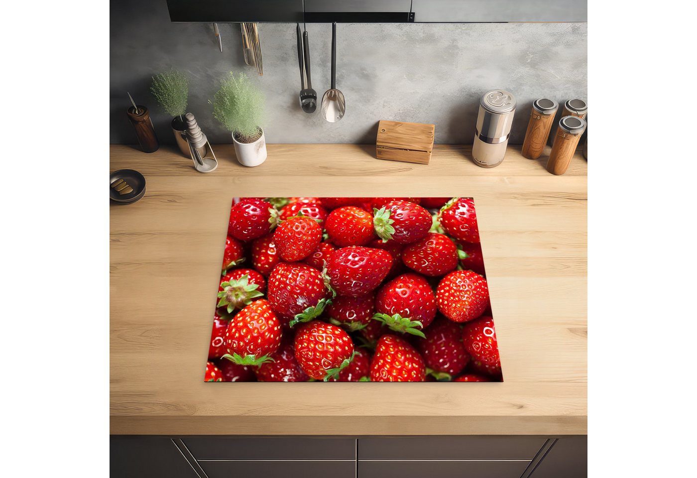 MuchoWow Herd-Abdeckplatte Erdbeeren - Rot - Obst - Früchte, Vinyl, (1 tlg), Abdeckplatte für Ceranfeld, Herd Inductionsmatte, 57.6x51.6 cm