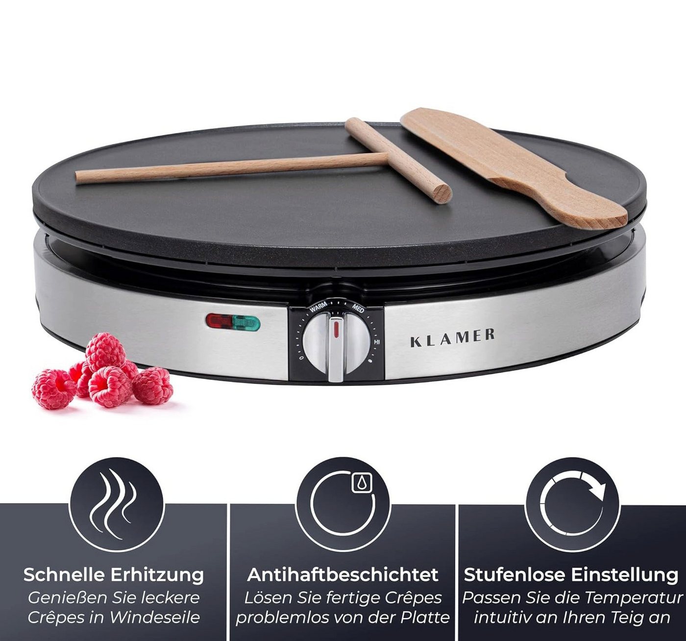 KLAMER Crêpesmaker Backfläche mit 30cm Ø, antihaftbeschichtete Platte, inkl. Teigverteil…, 1400 W, Ø 30 cm, Antihaftbeschichtung, 30cm Platte, Stufenlose Temperatureinstellung Bild 2