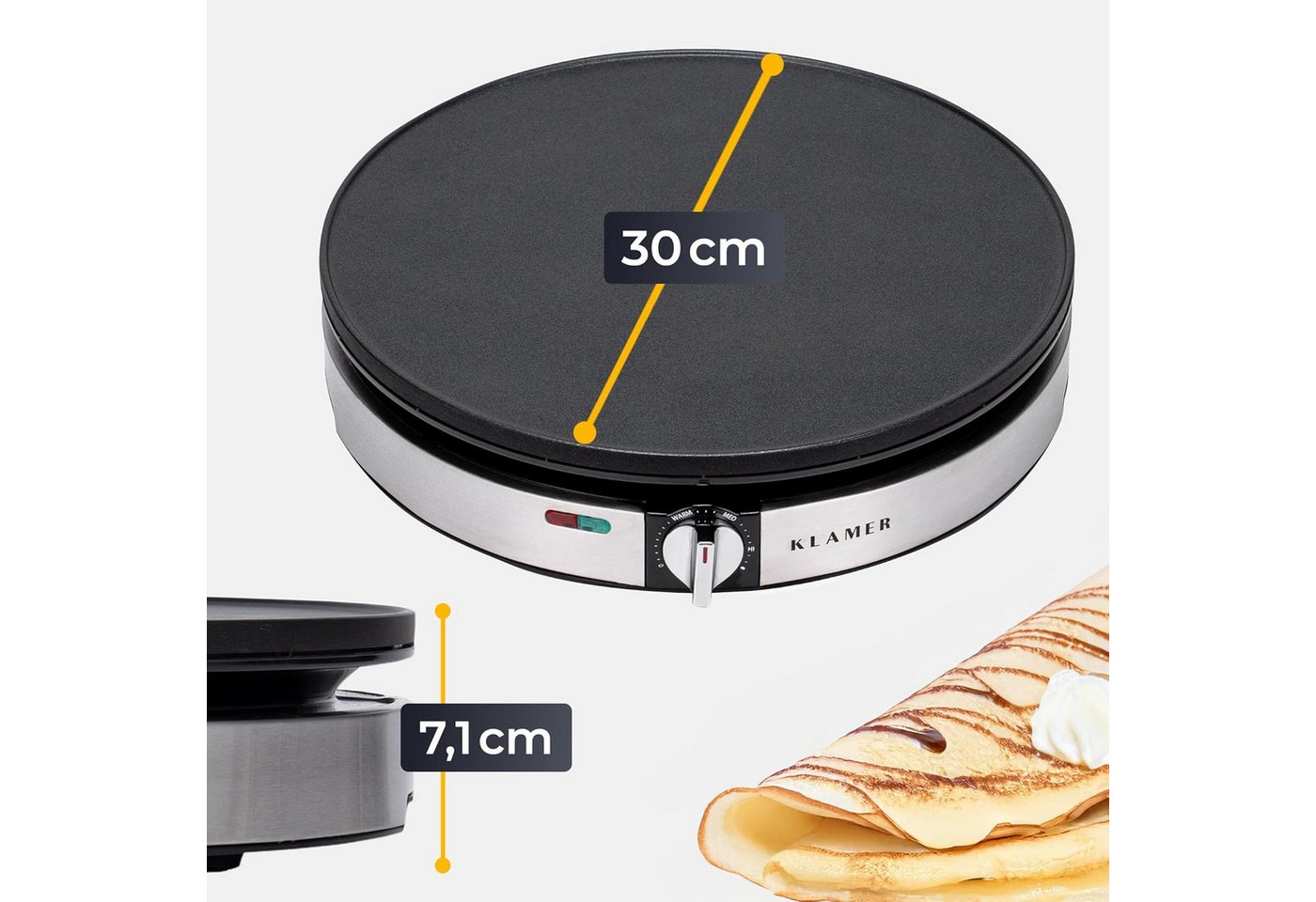 KLAMER Crêpesmaker Backfläche mit 30cm Ø, antihaftbeschichtete Platte, inkl. Teigverteil…, 1400 W, Ø 30 cm, Antihaftbeschichtung, 30cm Platte, Stufenlose Temperatureinstellung Bild 3