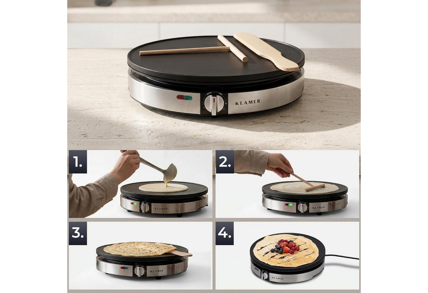 KLAMER Crêpesmaker Backfläche mit 30cm Ø, antihaftbeschichtete Platte, inkl. Teigverteil…, 1400 W, Ø 30 cm, Antihaftbeschichtung, 30cm Platte, Stufenlose Temperatureinstellung Bild 5
