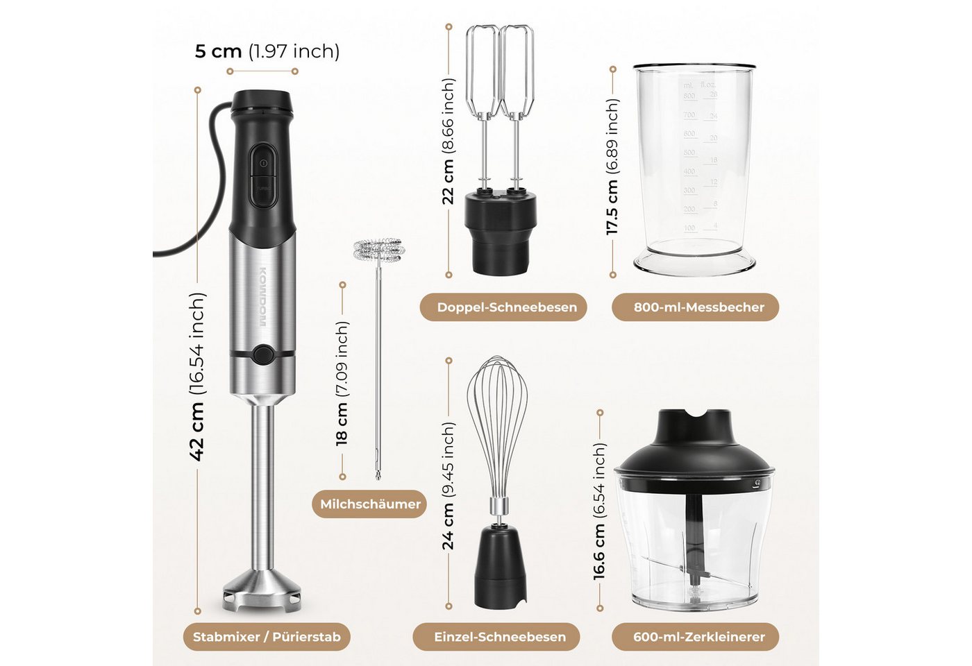 kowdom Stabmixer 1200W Stabmixer 6in1 mit Zerkleinerer & Milchaufschäumer, Pürierstab, 1200 W, Hochleistungsfähig, Multifunktional, Einfach zu reinigen, Platzsparend Bild 2