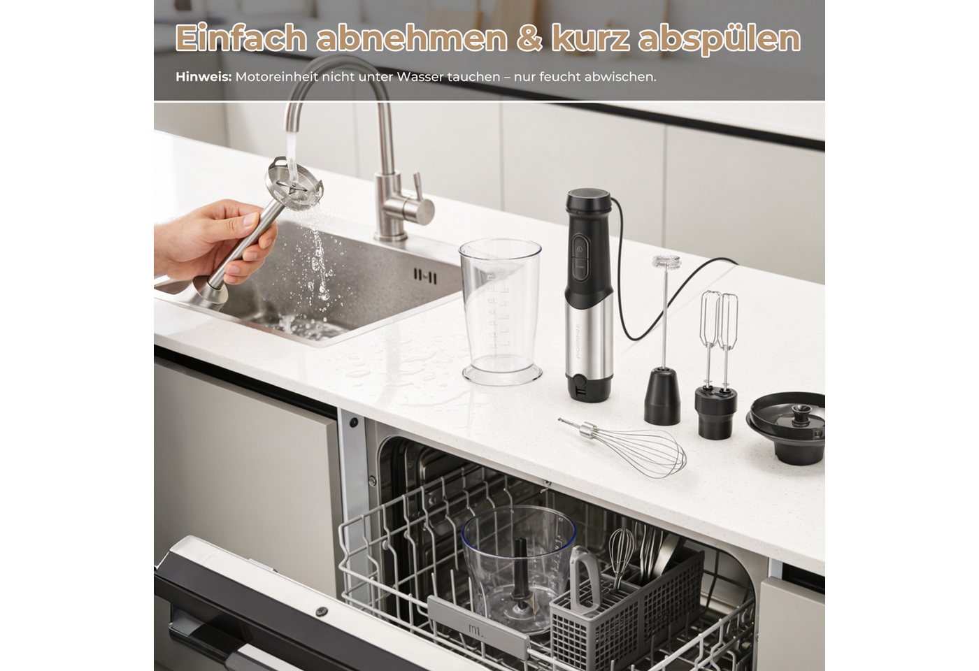 kowdom Stabmixer 1200W Stabmixer 6in1 mit Zerkleinerer & Milchaufschäumer, Pürierstab, 1200 W, Hochleistungsfähig, Multifunktional, Einfach zu reinigen, Platzsparend Bild 5