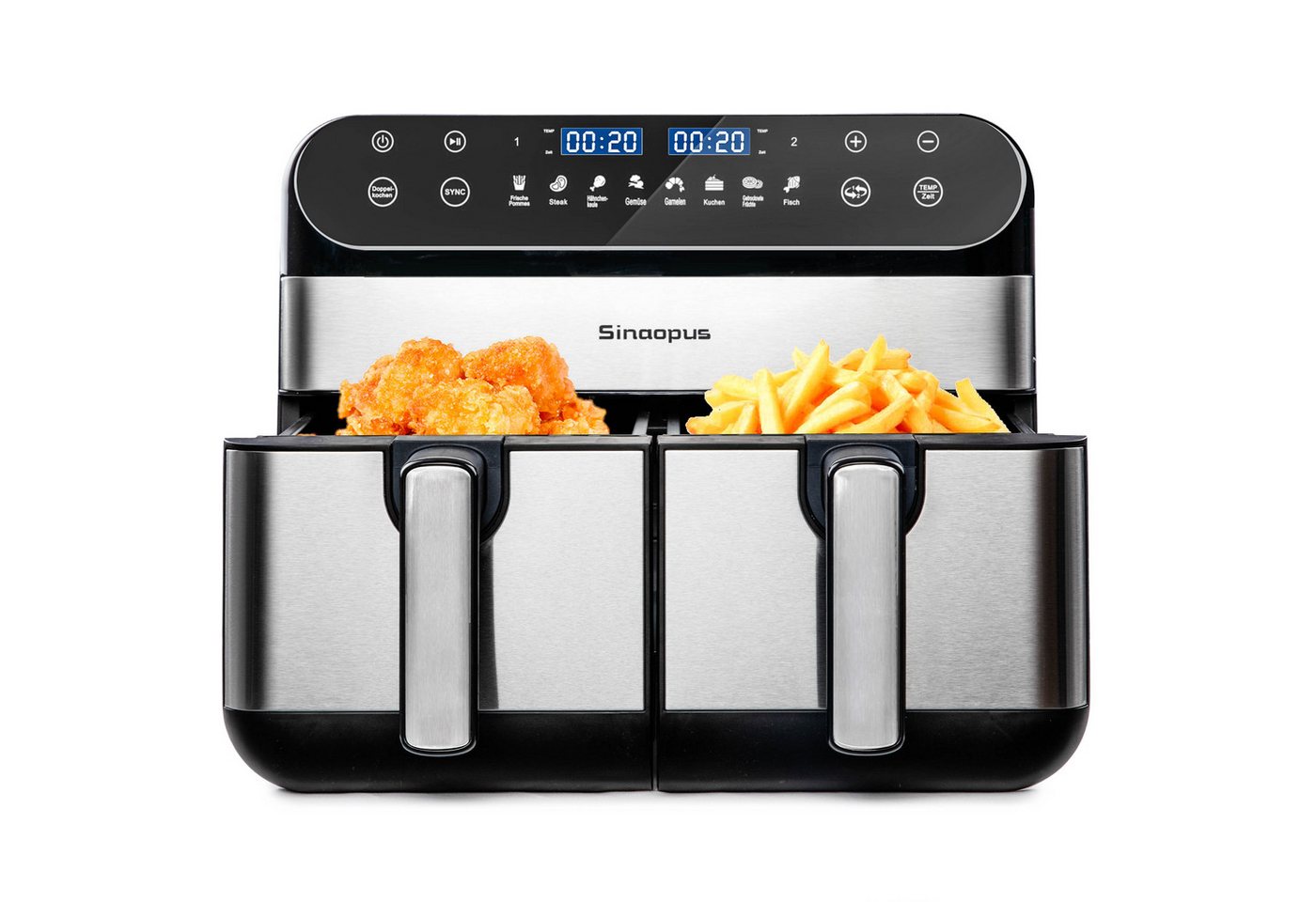 Sinaopus Heißluftfritteuse 10L Dual-Zone Airfryer – Familienessen & Snacks gleichzeitig knusprig garen, 2400 W, 2 Frittierfächer, SYNC, Doppelkochen, 8 Programme & LED-Touch Bild 3
