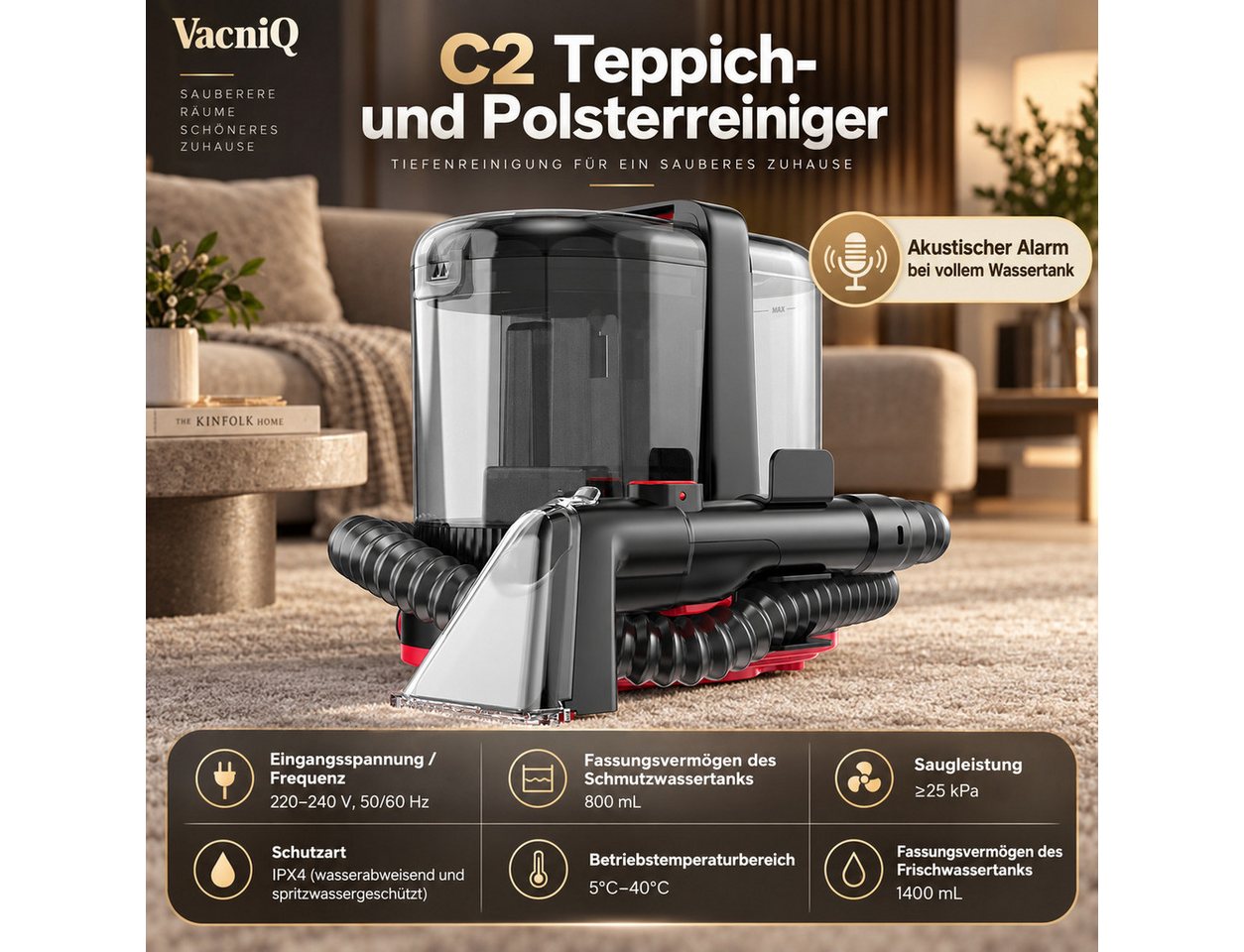 VacniQ Teppichreinigungsgerät Waschsauger Teppichreiniger 25 kPa, Nass-Trockensauger, 600 W