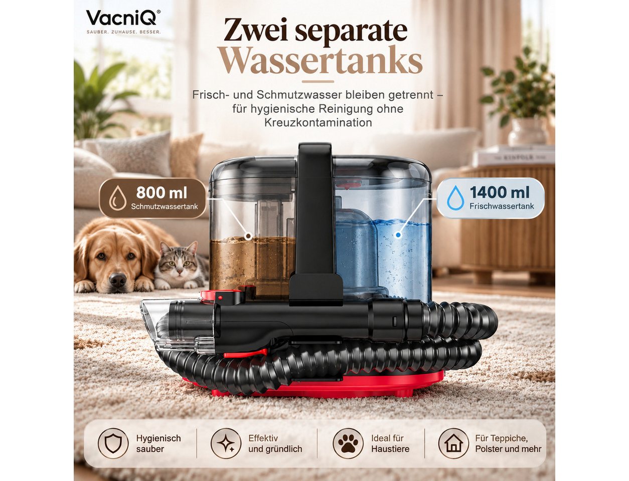 VacniQ Teppichreinigungsgerät Waschsauger Teppichreiniger 25 kPa, Nass-Trockensauger, 600 W Bild 2