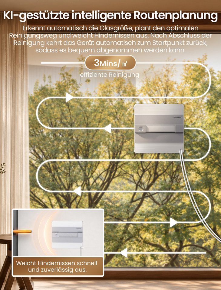 Proscenic Fensterputzroboter W10 Pro Fensterputzroboter, 9000 Pa, 110 ml Wassertank, (Set, 4-fach Sprühfunktion, 5 Reinigungsmodi, automatische Reinigung) App- und Fernbedienungssteuerung
