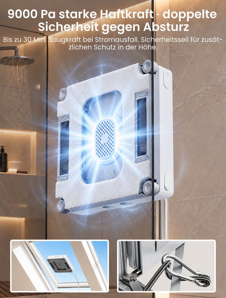 Proscenic Fensterputzroboter W10 Pro Fensterputzroboter, 9000 Pa, 110 ml Wassertank, (Set, 4-fach Sprühfunktion, 5 Reinigungsmodi, automatische Reinigung) App- und Fernbedienungssteuerung Bild 2