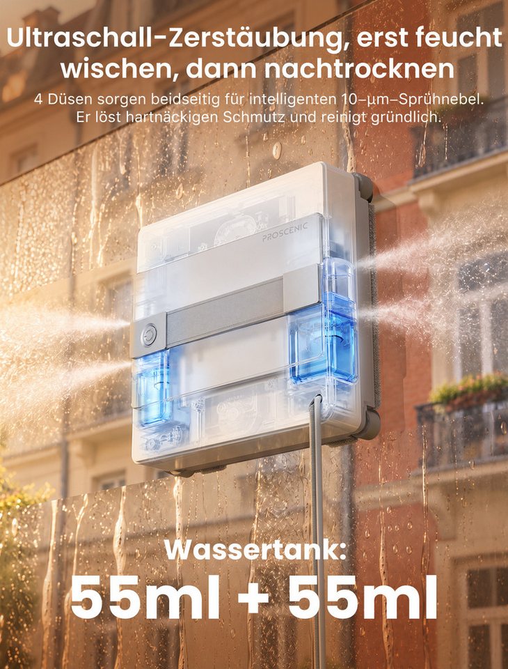 Proscenic Fensterputzroboter W10 Pro Fensterputzroboter, 9000 Pa, 110 ml Wassertank, (Set, 4-fach Sprühfunktion, 5 Reinigungsmodi, automatische Reinigung) App- und Fernbedienungssteuerung Bild 4