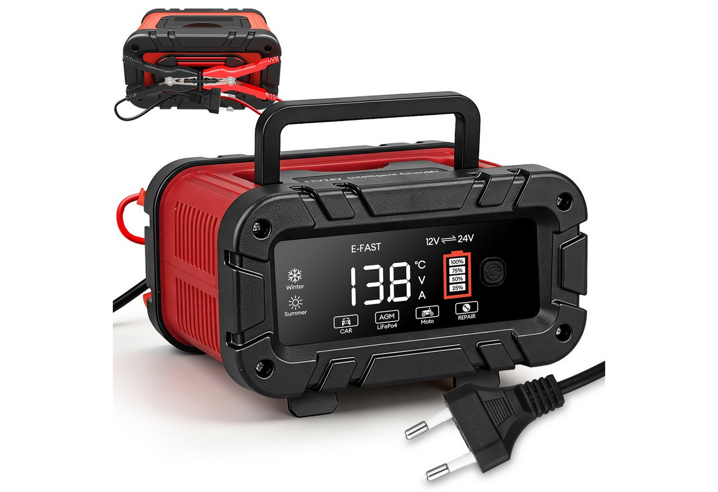 CkeyiN Pro 12V/24V Intelligentes Batterieladegerät, 15A Autobatterie-Ladegerät (7-Stufige Ladung & Reparaturmodus, Farbdisplay, für Auto, Motorrad, LKW, Blei-Säure, AGM, Lithium LiFePO4) Bild 3