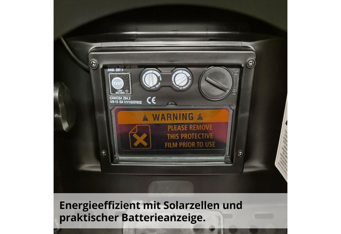 Hecht Schweißhelm 900255 Automatik DIN 9-13 mit Schleifmodus, selbstverdunkelnd (1-tlg), UV-/IR-Schutz DIN 16, großes Sichtfeld 92x42 mm, Solarbetrieb Bild 3