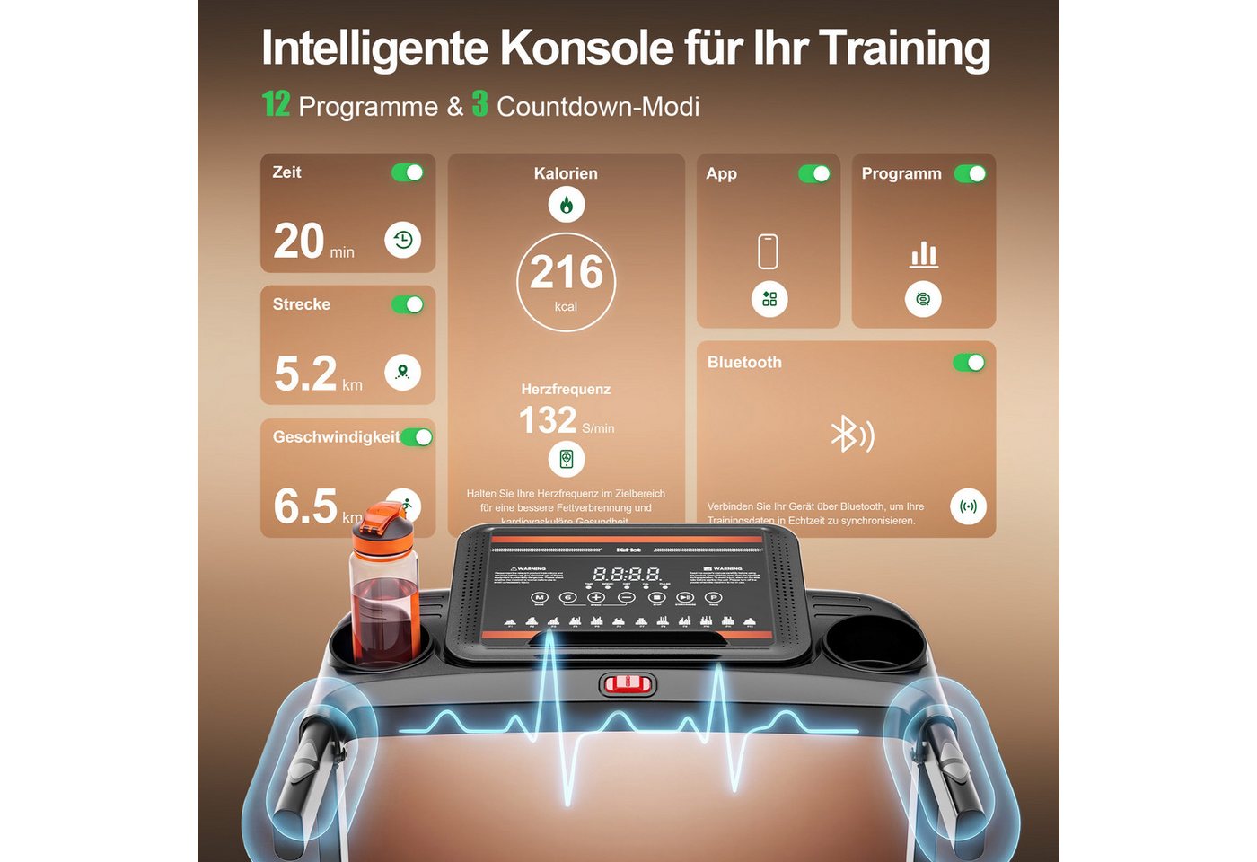 kehot Laufband Laufband mit 3-fach Steigung und 3 PS Motor bis 180 kg (6°/9°/15° manuell verstellbare Steigung für mehr Trainingsintensität, 1–12 km/h für Walking, Jogging und Lauftraining zuhause), Klappbar mit Gasdruckfeder, 12 Programmen und App-Anbindung