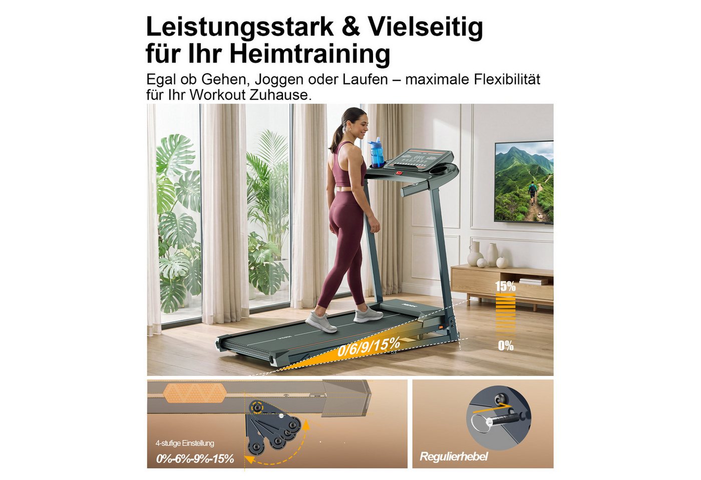 kehot Laufband Laufband mit 3-fach Steigung und 3 PS Motor bis 180 kg (6°/9°/15° manuell verstellbare Steigung für mehr Trainingsintensität, 1–12 km/h für Walking, Jogging und Lauftraining zuhause), Klappbar mit Gasdruckfeder, 12 Programmen und App-Anbindung Bild 2