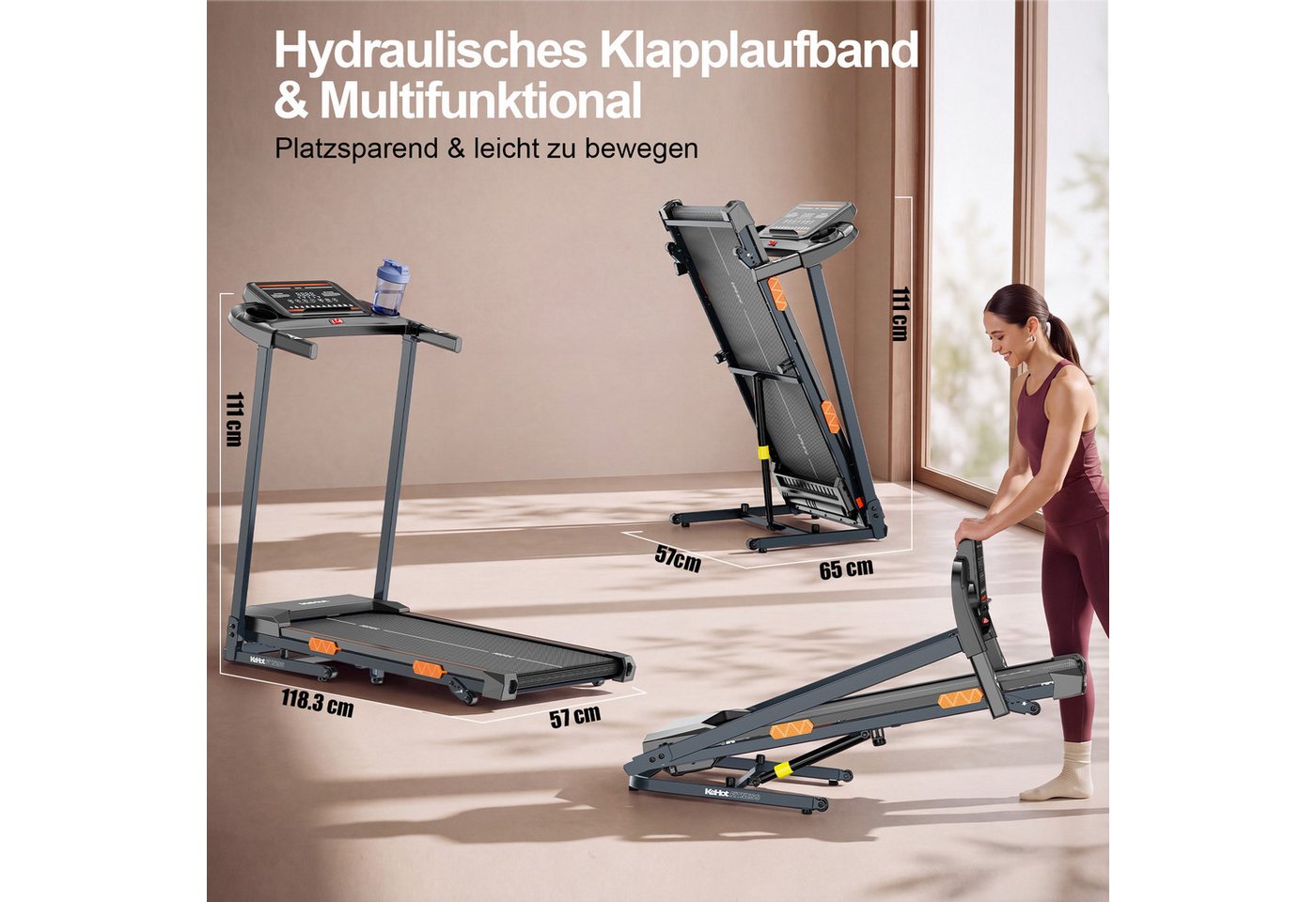 kehot Laufband Laufband mit 3-fach Steigung und 3 PS Motor bis 180 kg (6°/9°/15° manuell verstellbare Steigung für mehr Trainingsintensität, 1–12 km/h für Walking, Jogging und Lauftraining zuhause), Klappbar mit Gasdruckfeder, 12 Programmen und App-Anbindung Bild 4