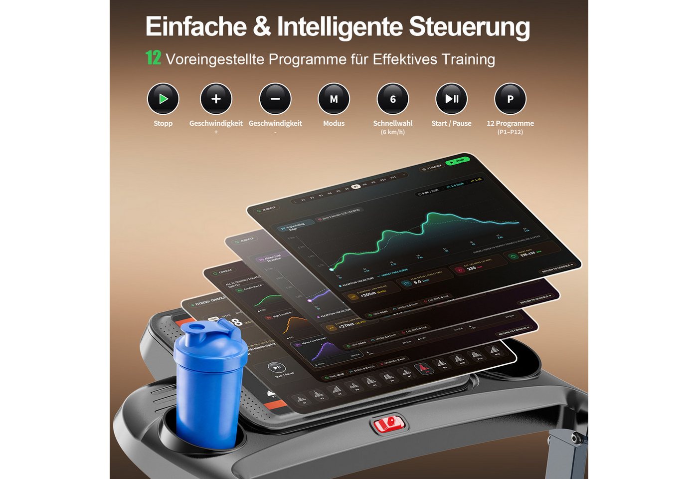 kehot Laufband Laufband mit 3-fach Steigung und 3 PS Motor bis 180 kg (6°/9°/15° manuell verstellbare Steigung für mehr Trainingsintensität, 1–12 km/h für Walking, Jogging und Lauftraining zuhause), Klappbar mit Gasdruckfeder, 12 Programmen und App-Anbindung Bild 5