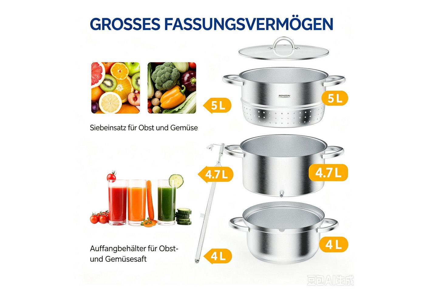 VINGLI Entsafter Dampfentsafter aus Edelstahl 9L/15 L, Saftpresse Ø 26cm/23cm, für alle Herdarten, für Obst und Gemüse Bild 2
