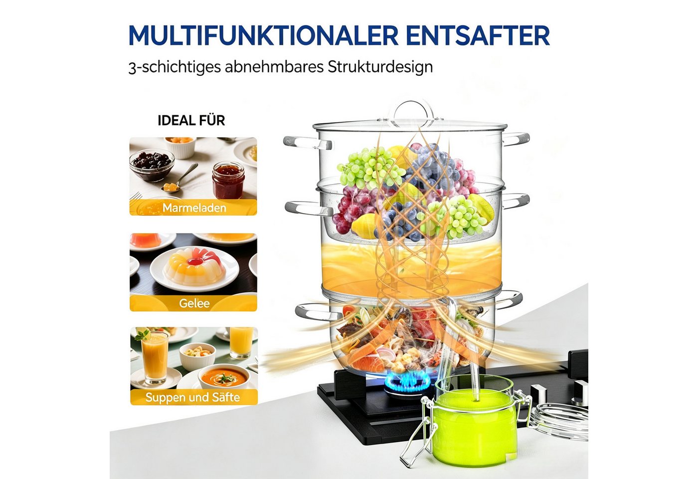 VINGLI Entsafter Dampfentsafter aus Edelstahl 9L/15 L, Saftpresse Ø 26cm/23cm, für alle Herdarten, für Obst und Gemüse Bild 4
