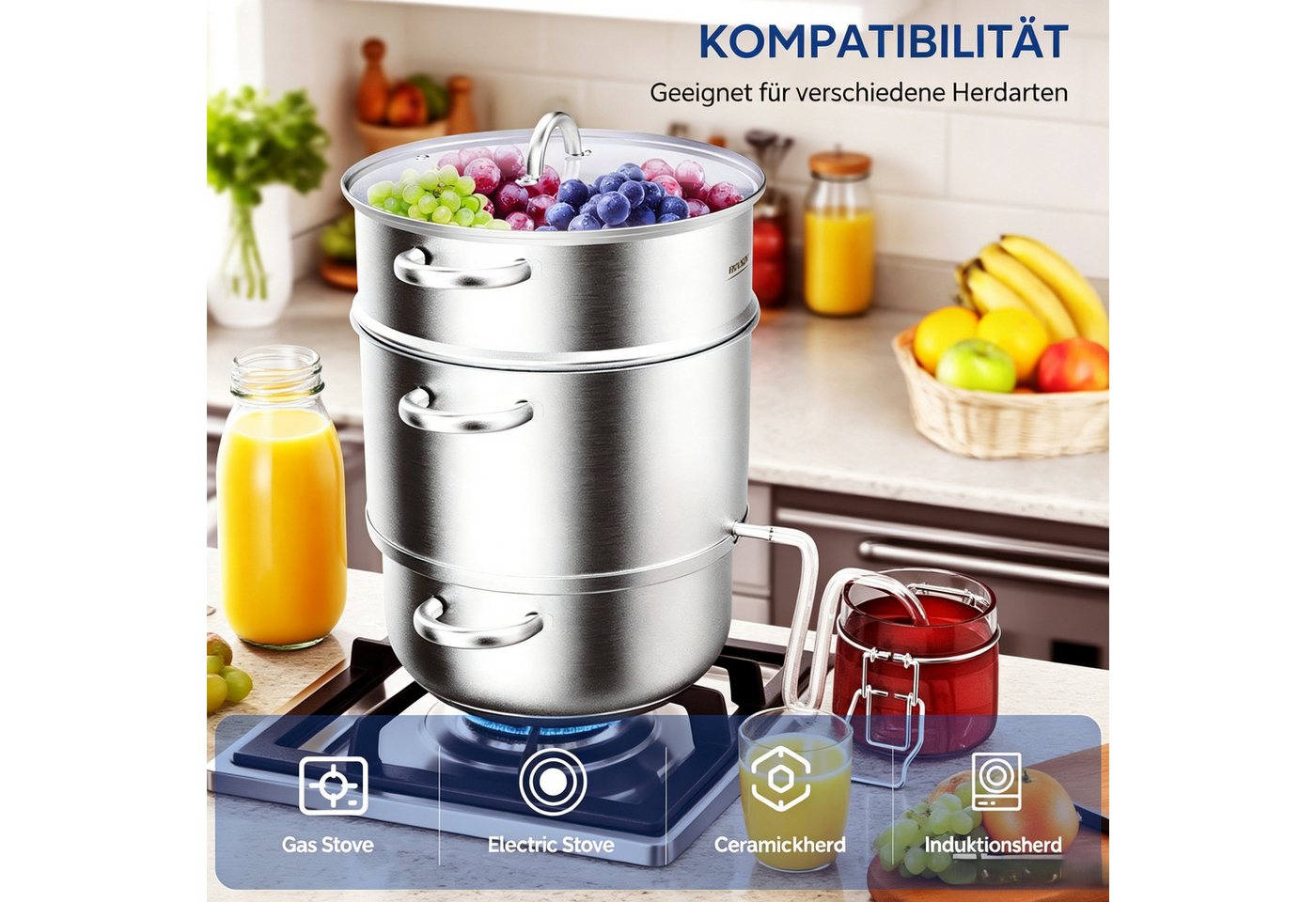 VINGLI Entsafter Dampfentsafter aus Edelstahl 9L/15 L, Saftpresse Ø 26cm/23cm, für alle Herdarten, für Obst und Gemüse Bild 5