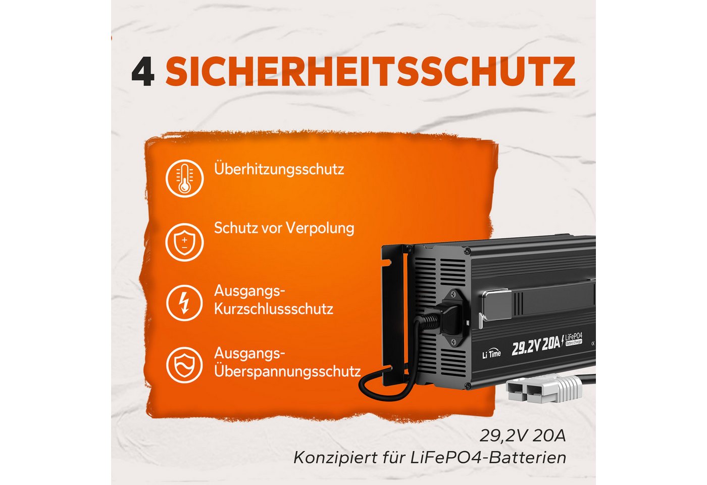 LiTime 29.2V 20A Lithium Batterieladegerät Akku-Set (1 St), Geeignet für 24V LiFePO4 Lithium Batterie