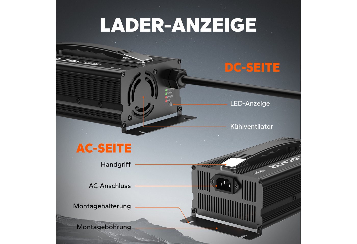 LiTime 29.2V 20A Lithium Batterieladegerät Akku-Set (1 St), Geeignet für 24V LiFePO4 Lithium Batterie Bild 3