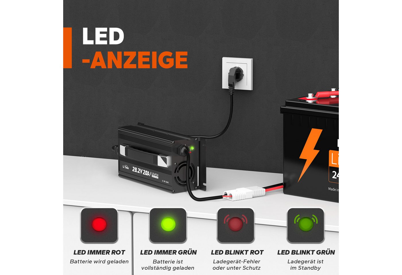 LiTime 29.2V 20A Lithium Batterieladegerät Akku-Set (1 St), Geeignet für 24V LiFePO4 Lithium Batterie Bild 5