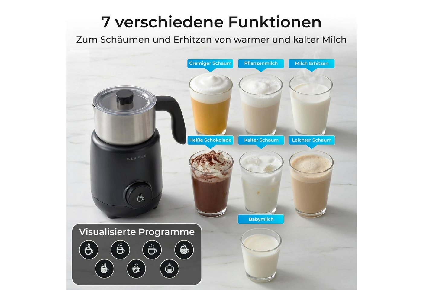 KLAMER Milchaufschäumer 400 ml, wärmt auch Babymilch auf 32 bis 42 Grad, 550 W, Abschaltautomatik, Variable Schaum-Einstellung, 400 ml Behälter