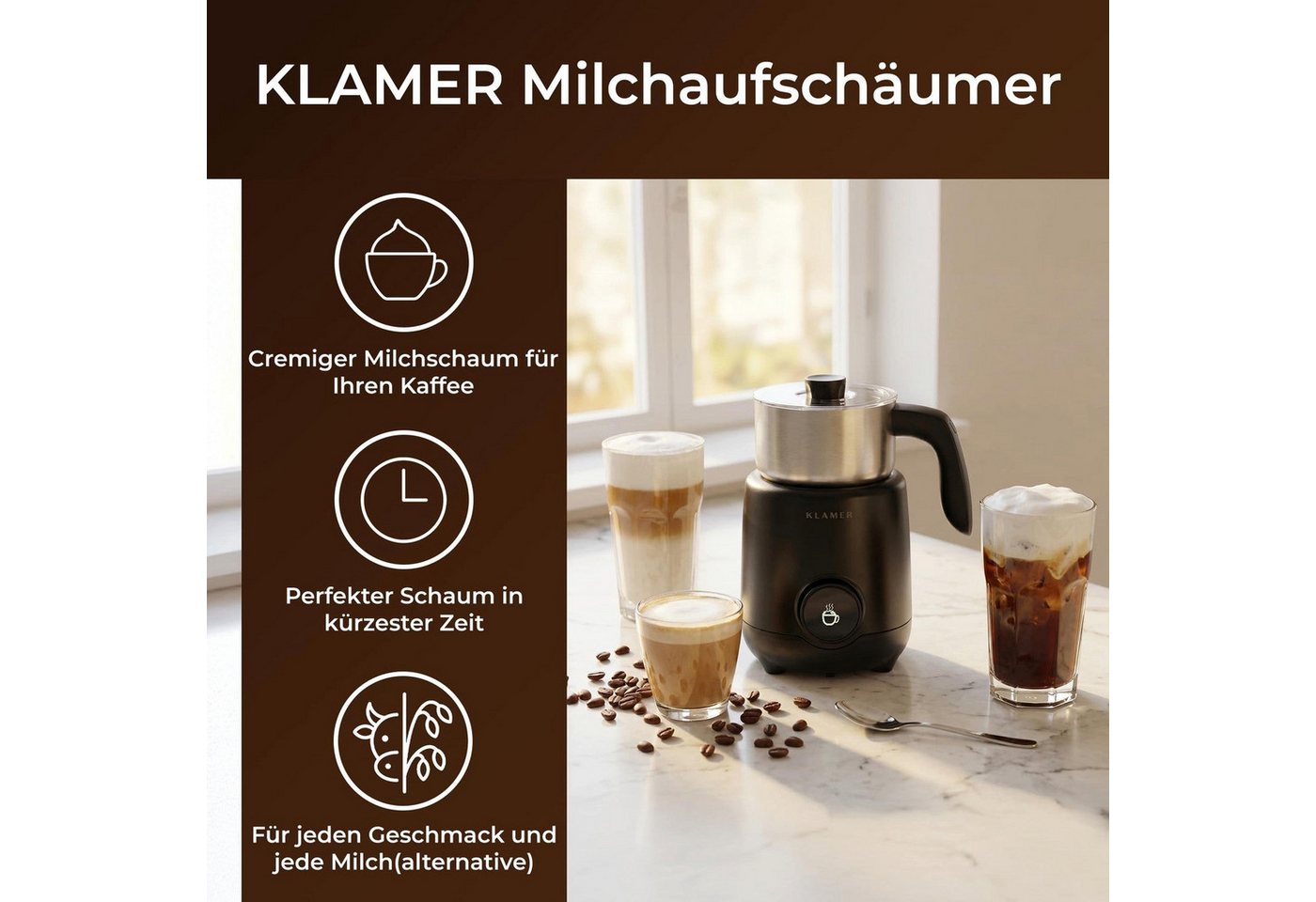 KLAMER Milchaufschäumer 400 ml, wärmt auch Babymilch auf 32 bis 42 Grad, 550 W, Abschaltautomatik, Variable Schaum-Einstellung, 400 ml Behälter Bild 3