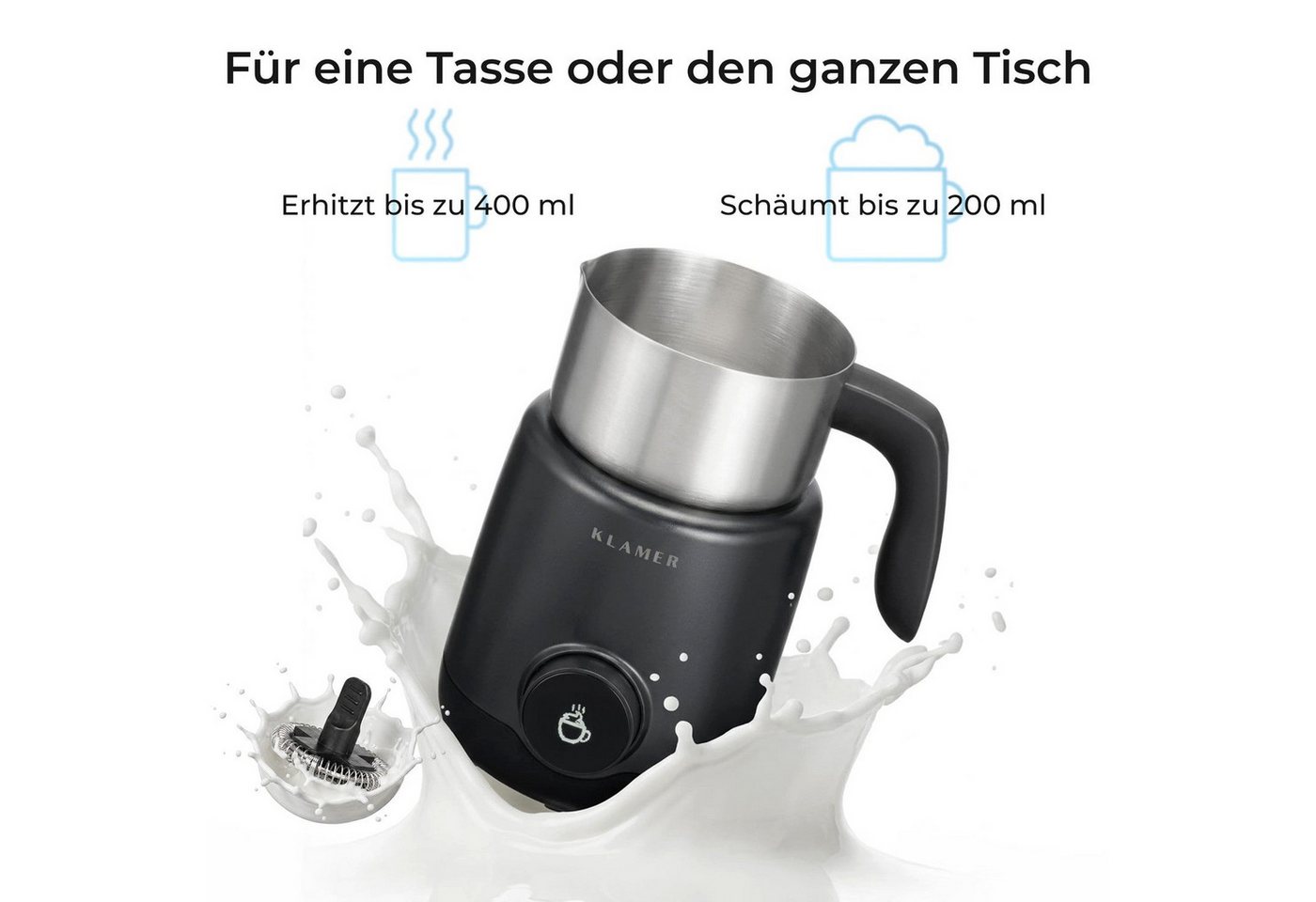 KLAMER Milchaufschäumer 400 ml, wärmt auch Babymilch auf 32 bis 42 Grad, 550 W, Abschaltautomatik, Variable Schaum-Einstellung, 400 ml Behälter Bild 5