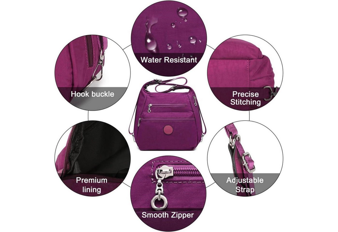 LuxusKollektion Messenger Bag Rucksack Damen Anti Diebstahl Wasserdicht 3in1 Crossbody Violett