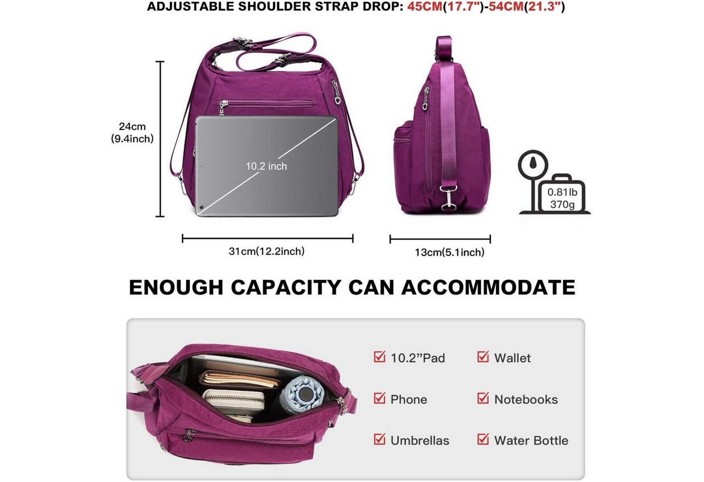 LuxusKollektion Messenger Bag Rucksack Damen Anti Diebstahl Wasserdicht 3in1 Crossbody Violett Bild 4