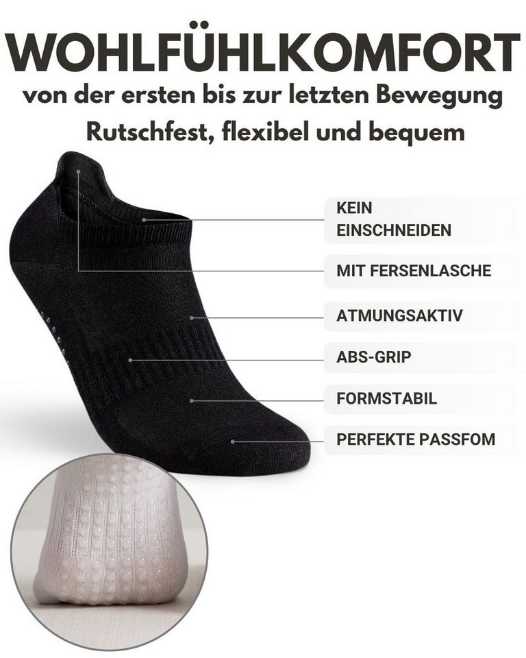 sockenkauf24 Sportsocken Pilates/Yoga Sneaker Socken Kurz mit ABS Sohle und Fersenlasche (3-Paar) mit rutschhemmenden ABS-Noppen