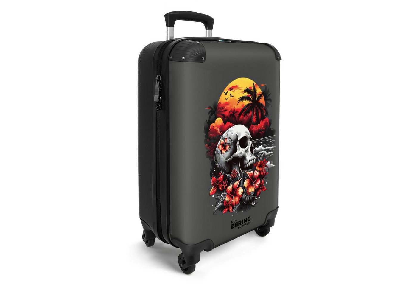 NoBoringSuitcases.com© Hartschalen-Trolley Grau mit Totenkopf am Strand 55x35x20cm, Reisekoffer mit 4 Rollen, Carry on luggage, Männer