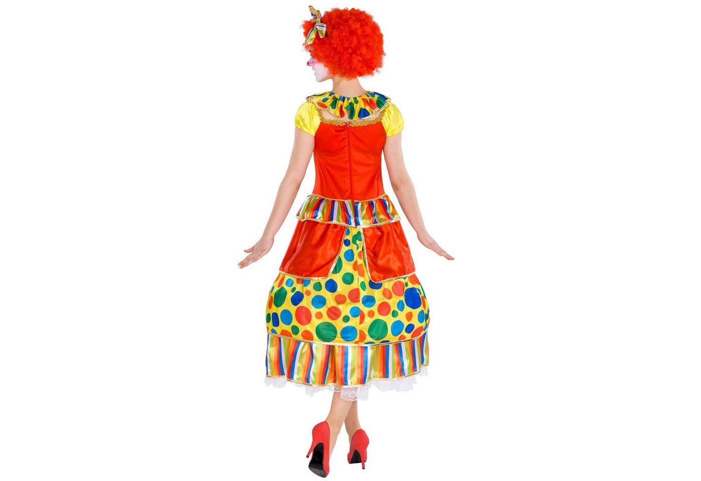 dressforfun Clown-Kostüm Spaßvogel/Komiker, Gr. L, Clown-Verkleidung für die Ladys, Ballkleid, in rot, Schön bunt und in Glanzoptik, Flippiger Haarreif mit Schleife Bild 2