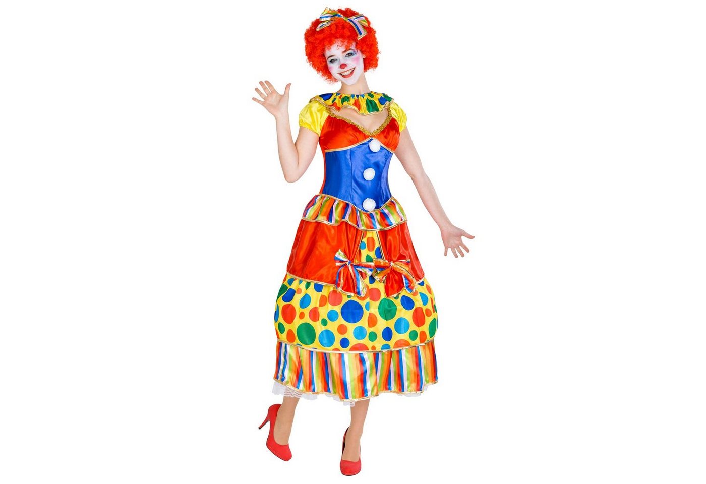 dressforfun Clown-Kostüm Spaßvogel/Komiker, Gr. L, Clown-Verkleidung für die Ladys, Ballkleid, in rot, Schön bunt und in Glanzoptik, Flippiger Haarreif mit Schleife Bild 4