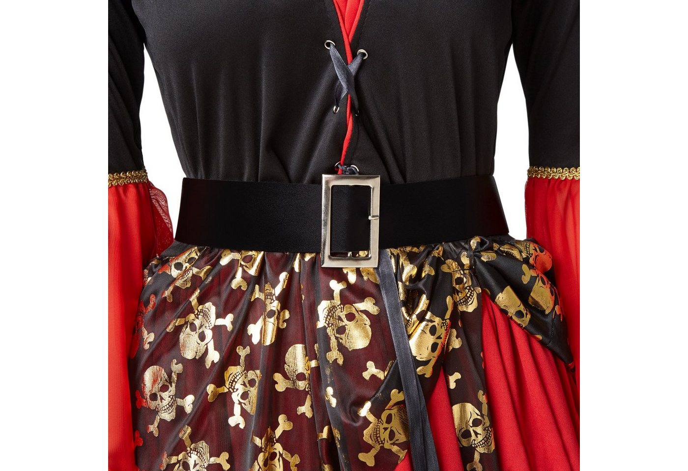 dressforfun Piraten-Kostüm Seeräuber/Freibeuter, Gr. M, Gürtel, Dekorative Schnürung am, in schwarz/rot, Kleid im Vokuhila-Stil mit abgesetztem Totenkopfmuster