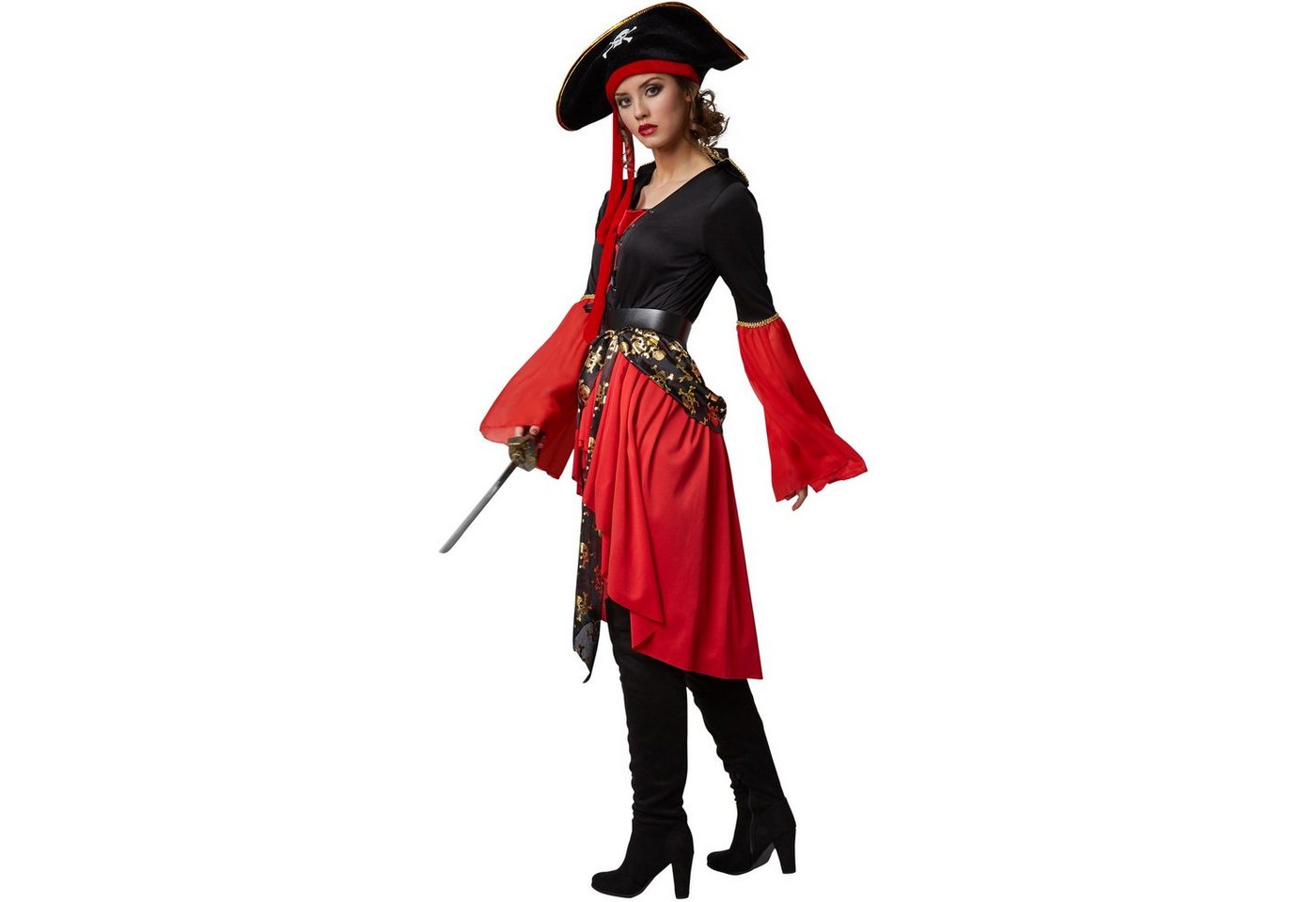 dressforfun Piraten-Kostüm Seeräuber/Freibeuter, Gr. M, Gürtel, Dekorative Schnürung am, in schwarz/rot, Kleid im Vokuhila-Stil mit abgesetztem Totenkopfmuster Bild 5