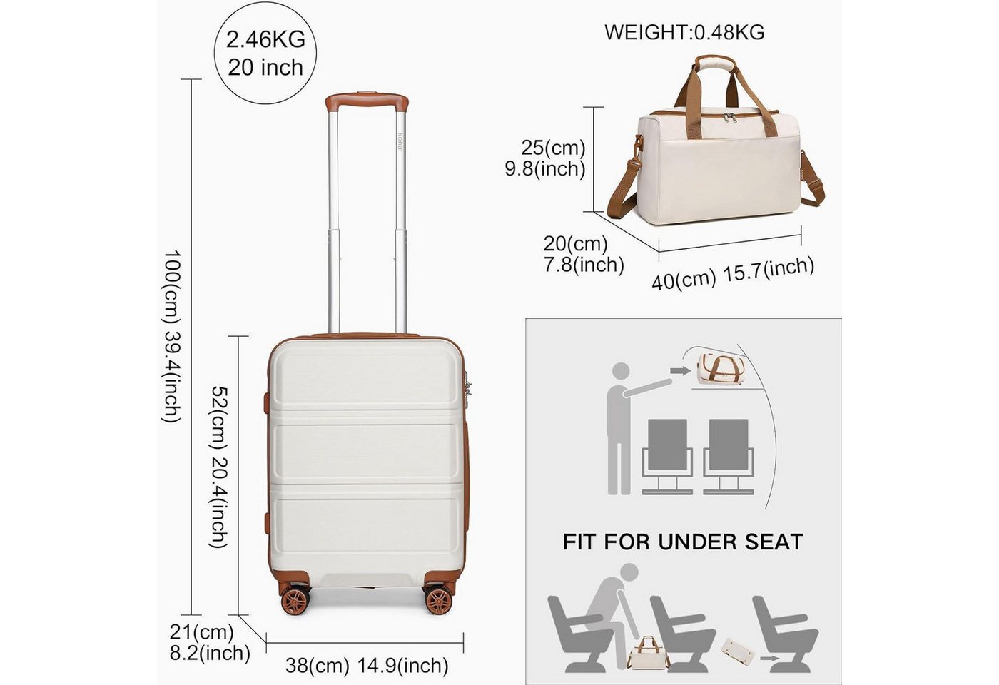 LuxusKollektion Kofferset Handgepäck-Koffer Trolley Set 2-teilig, Cremeweiß, Ryanair Reisetasche Bild 4