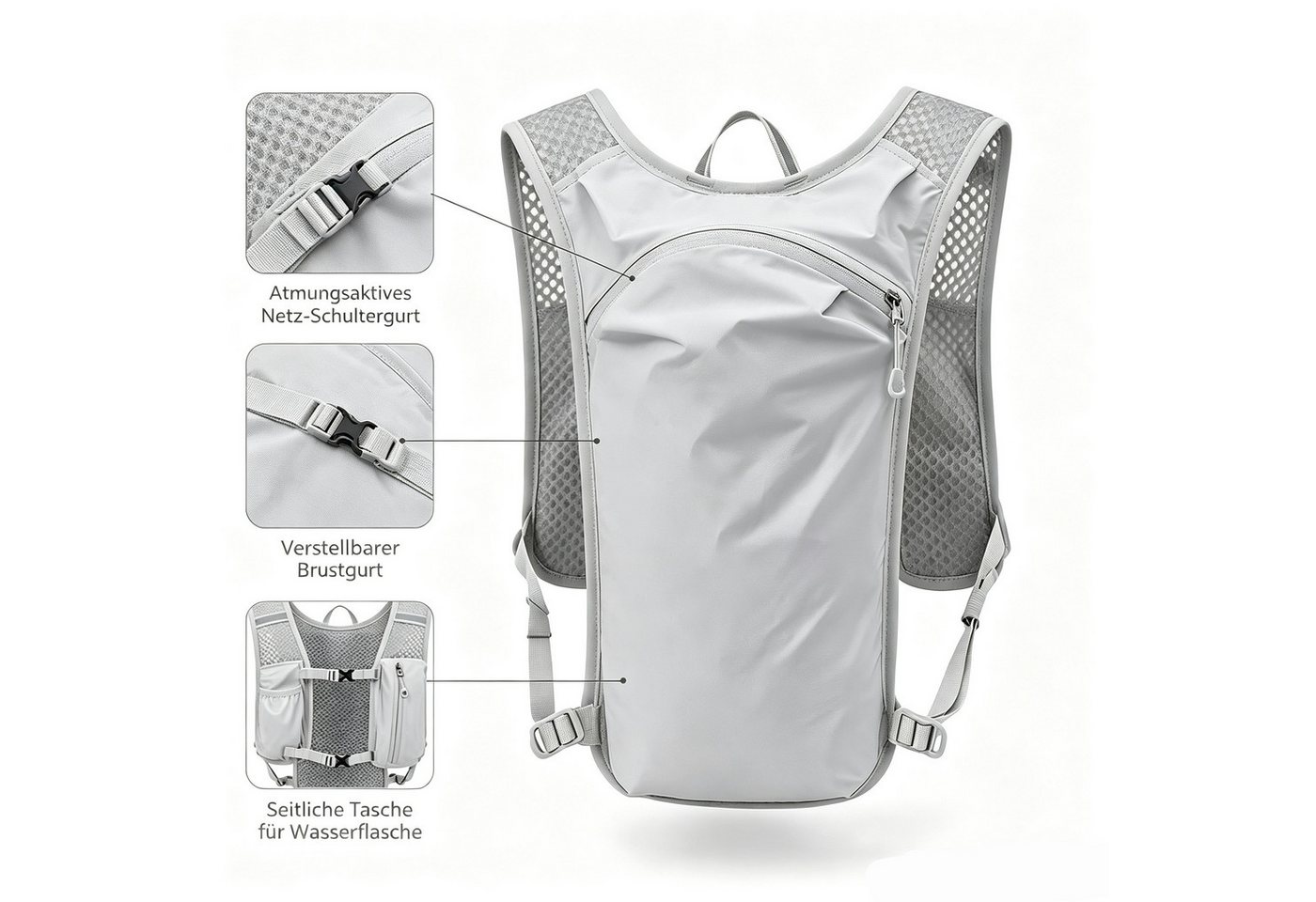 Fyrove Trinkrucksack 15L Ultraleichte Laufweste Trinkrucksack für Herren und Damen (verstellbarer Brustgurt, atmungsaktives Netzgewebe, mehrere Facher fur Handy, Trinkblase und 250-ml-Weichflasche), Reflektionsstreifen für Joggen, Trail‑Running, Radfahren, Wandern Bild 4
