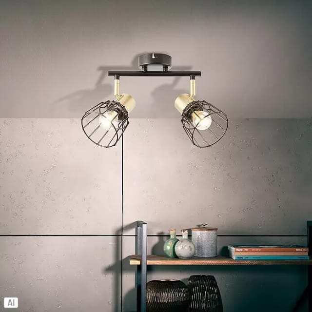 BRILLIANT Lampe, Posca Spotrohr 2flg schwarz matt/messing gebürstet, Metall, 2x D45, E14, 40W,Tropfenlampen (nicht enthalten)