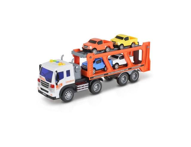 Moni Spielzeug Autotransporter WY572A, Soundfunktion, 1:16, Ladefläche, 4 Autos orange